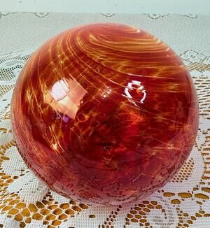 Signed Opal Red/ Amber Swirl Hand Blown Swirl Sphere Paper Weight Ball 4.5"